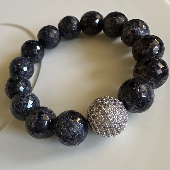 Raw Sapphire Stretch Bracelet w/ Silver Pave Ball Spacer - Picture 6 of 8